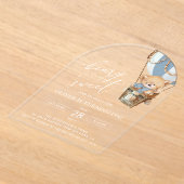 テディベア、ブルーホットエアバルーン、第1誕生日 アクリル招待状 (レイダウン)