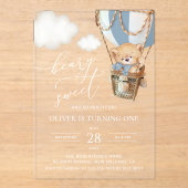 テディベア、ブルーホットエアバルーン、第1誕生日 アクリル招待状 (正面)