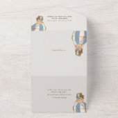 テディベア、ブルーホットエアバルーン、第1誕生日 オールインワン招待状 (外側)