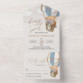 テディベア、ブルーホットエアバルーン、第1誕生日 オールインワン招待状 (内側)