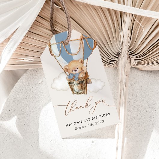 テディベア、ブルーホットエアバルーン、第1誕生日 ギフトタグ