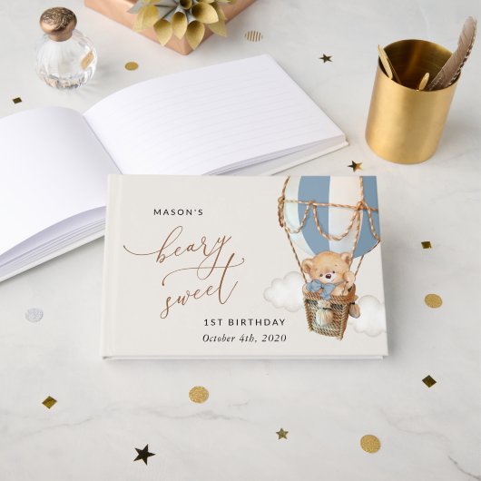 テディベア、ブルーホットエアバルーン、第1誕生日 ゲストブック (正面見開き)