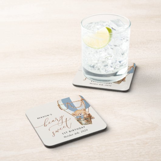 テディベア、ブルーホットエアバルーン、第1誕生日 コースター (右側)