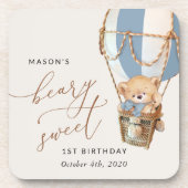 テディベア、ブルーホットエアバルーン、第1誕生日 コースター (正面)