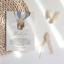 テディベア、ブルーホットエアバルーン、第1誕生日 サンキューカード