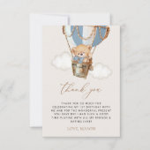 テディベア、ブルーホットエアバルーン、第1誕生日 サンキューカード (正面)