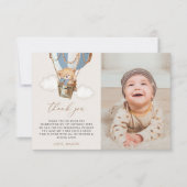 テディベア、ブルーホットエアバルーン、第1誕生日 サンキューカード (正面)