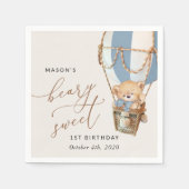 テディベア、ブルーホットエアバルーン、第1誕生日 スタンダードカクテルナプキン (正面)