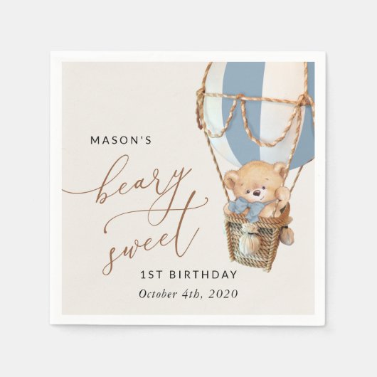 テディベア、ブルーホットエアバルーン、第1誕生日 スタンダードカクテルナプキン (正面)