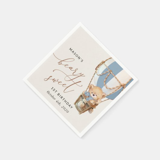 テディベア、ブルーホットエアバルーン、第1誕生日 スタンダードカクテルナプキン (角)