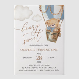 テディベア、ブルーホットエアバルーン、第1誕生日 ベラム紙招待状
