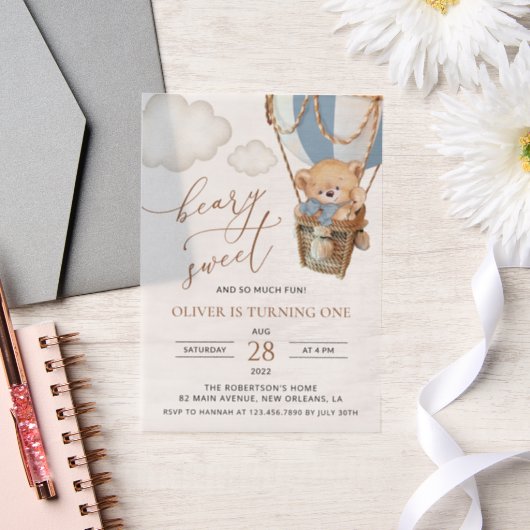 テディベア、ブルーホットエアバルーン、第1誕生日 ベラム紙招待状 (ウェディング)