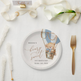 テディベア、ブルーホットエアバルーン、第1誕生日 ペーパープレート