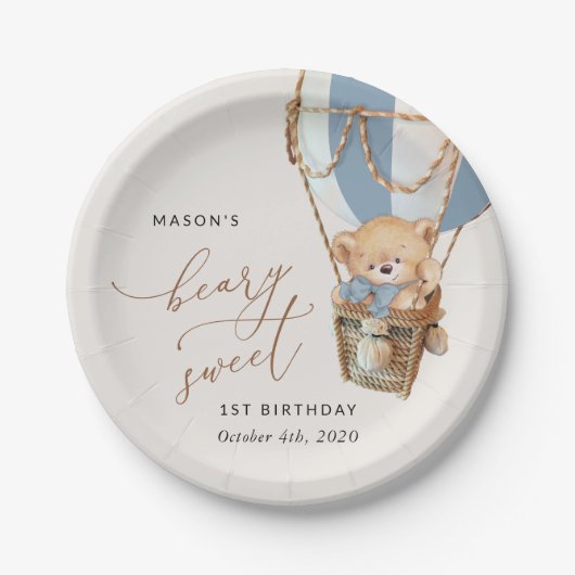 テディベア、ブルーホットエアバルーン、第1誕生日 ペーパープレート (正面)
