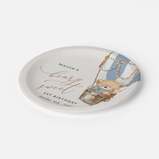 テディベア、ブルーホットエアバルーン、第1誕生日 ペーパープレート (アングル)