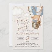 テディベア、ブルーホットエアバルーン、第1誕生日 招待状 (正面)