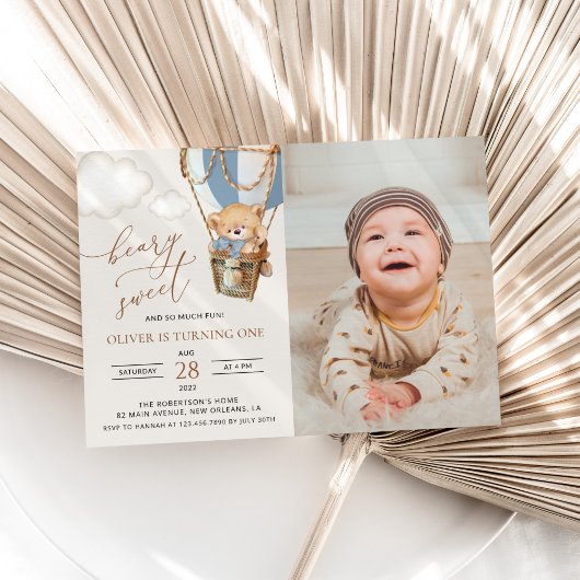 テディベア、ブルーホットエアバルーン、第1誕生日 招待状