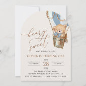 テディベア、ブルーホットエアバルーン、第1誕生日 招待状 (正面)