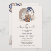 テディベア&ブルーホワイトバルーンボーホーベビーシャワー 招待状 (正面/裏面)