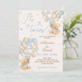 テディベア ブルー風船 双子の男の子 ベビーシャワー 招待状 (スタンド正面)