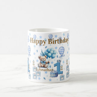 テディベア ブルー ハッピー 1歳の誕生日 セラミックマグ コーヒーマグカップ