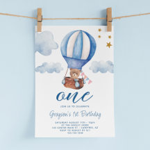 テディベア ブルー 1歳の誕生日招待状