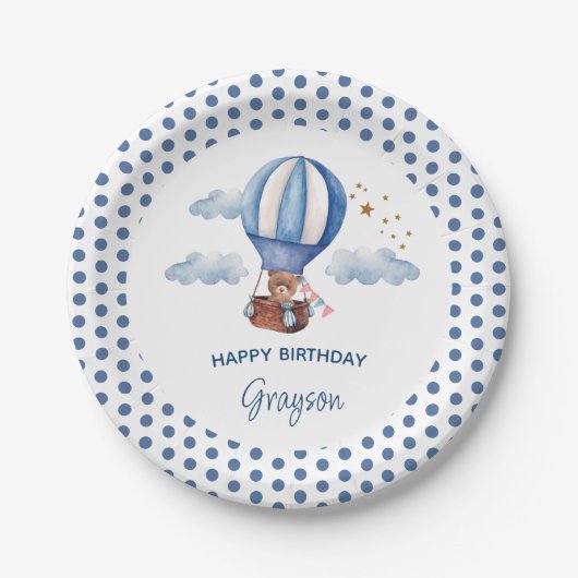 テディベア ブルー 1歳の誕生日 ペーパープレート (正面)