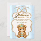 テディベア プリンス 1歳の誕生日 招待状 男の子 ブルー (正面)