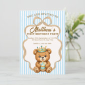テディベア プリンス 1歳の誕生日 招待状 男の子 ブルー (スタンド正面)