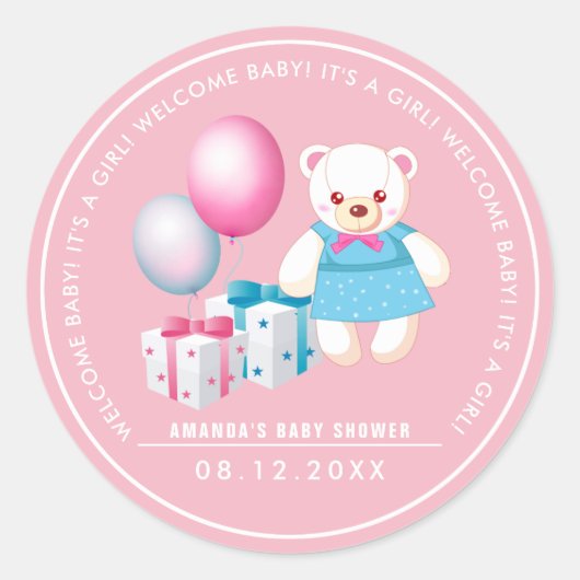 テディベア |ベビーガールBaby Shower Favor Stickers ラウンドシール (正面)