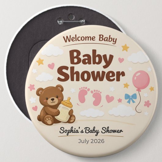 テディベア ベビーシャワーピン | Welcome Baby 缶バッジ (正面&裏面)