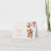 テディベア、ベビーベア、ピンクバルーン、ベビーシャワー サンキューカード (正面)