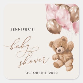 テディベア、ベビーベア、ピンクバルーン、ベビーシャワー スクエアシール