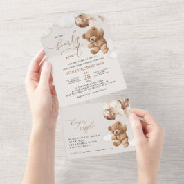 テディベア、ベビーベア、ブラウンバルーン、ベビーシャワー オールインワン招待状