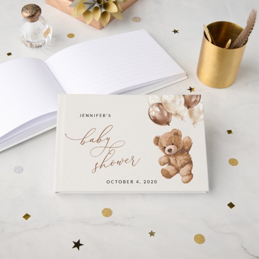 テディベア、ベビーベア、ブラウンバルーン、ベビーシャワー ゲストブック (正面見開き)