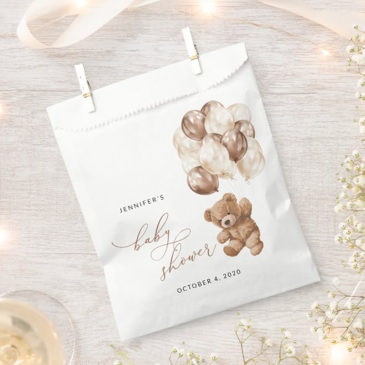 テディベア、ベビーベア、ブラウンバルーン、ベビーシャワー フェイバーバッグ (クリップ留めされた状態)