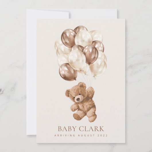 テディベア、ベビーベア、ブラウンバルーン、ベビーシャワー 招待状 (裏面)
