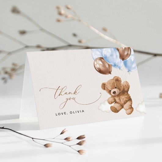 テディベア、ベビーベア、ブルーバルーン、ベビーシャワー サンキューカード