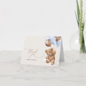 テディベア、ベビーベア、ブルーバルーン、ベビーシャワー サンキューカード (正面)