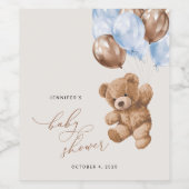 テディベア、ベビーベア、ブルーバルーン、ベビーシャワー ワインラベル (シングルラベル)