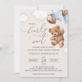 テディベア、ベビーベア、ブルーバルーン、ベビーシャワー 招待状 (正面)