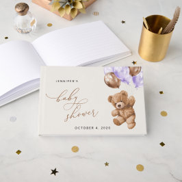テディベア，ベビーベア，紫色のバルーン，赤ちゃんシャワー ゲストブック