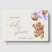 テディベア，ベビーベア，紫色のバルーン，赤ちゃんシャワー ゲストブック (正面)