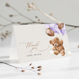 テディベア，ベビーベア，紫色のバルーン，赤ちゃんシャワー サンキューカード