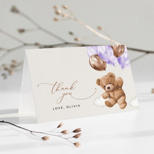 テディベア,ベビーベア,紫色のバルーン,赤ちゃんシャワー サンキューカード