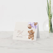 テディベア,ベビーベア,紫色のバルーン,赤ちゃんシャワー サンキューカード (正面)