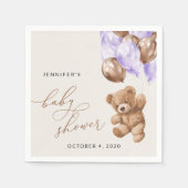 テディベア,ベビーベア,紫色のバルーン,赤ちゃんシャワー スタンダードカクテルナプキン (正面)