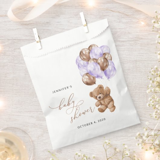 テディベア，ベビーベア，紫色のバルーン，赤ちゃんシャワー フェイバーバッグ (クリップ留めされた状態)