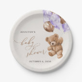 テディベア，ベビーベア，紫色のバルーン，赤ちゃんシャワー ペーパープレート (正面)