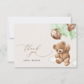 テディベア,ベビーベア,緑の風船,赤ちゃんシャワー サンキューカード (正面)